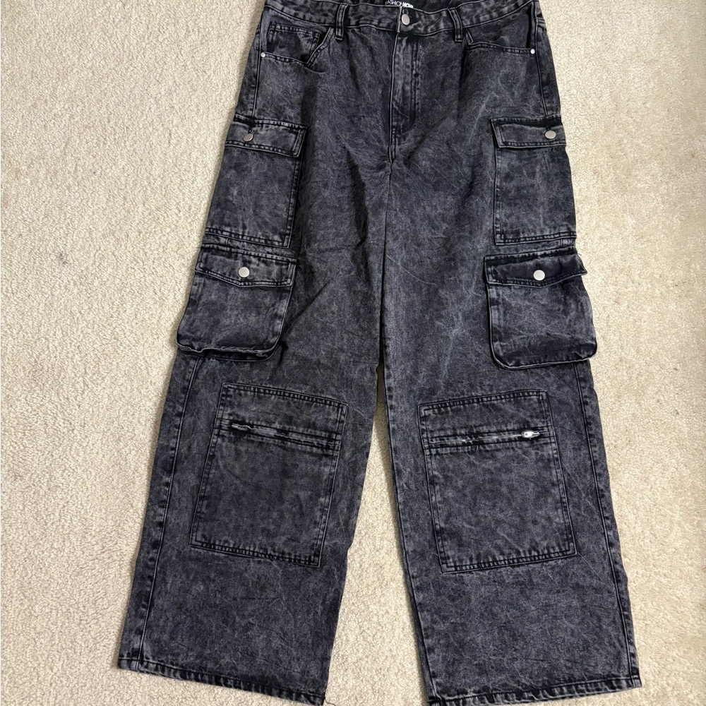 Fashion Nova Acid Washed Black Cargo Jeans